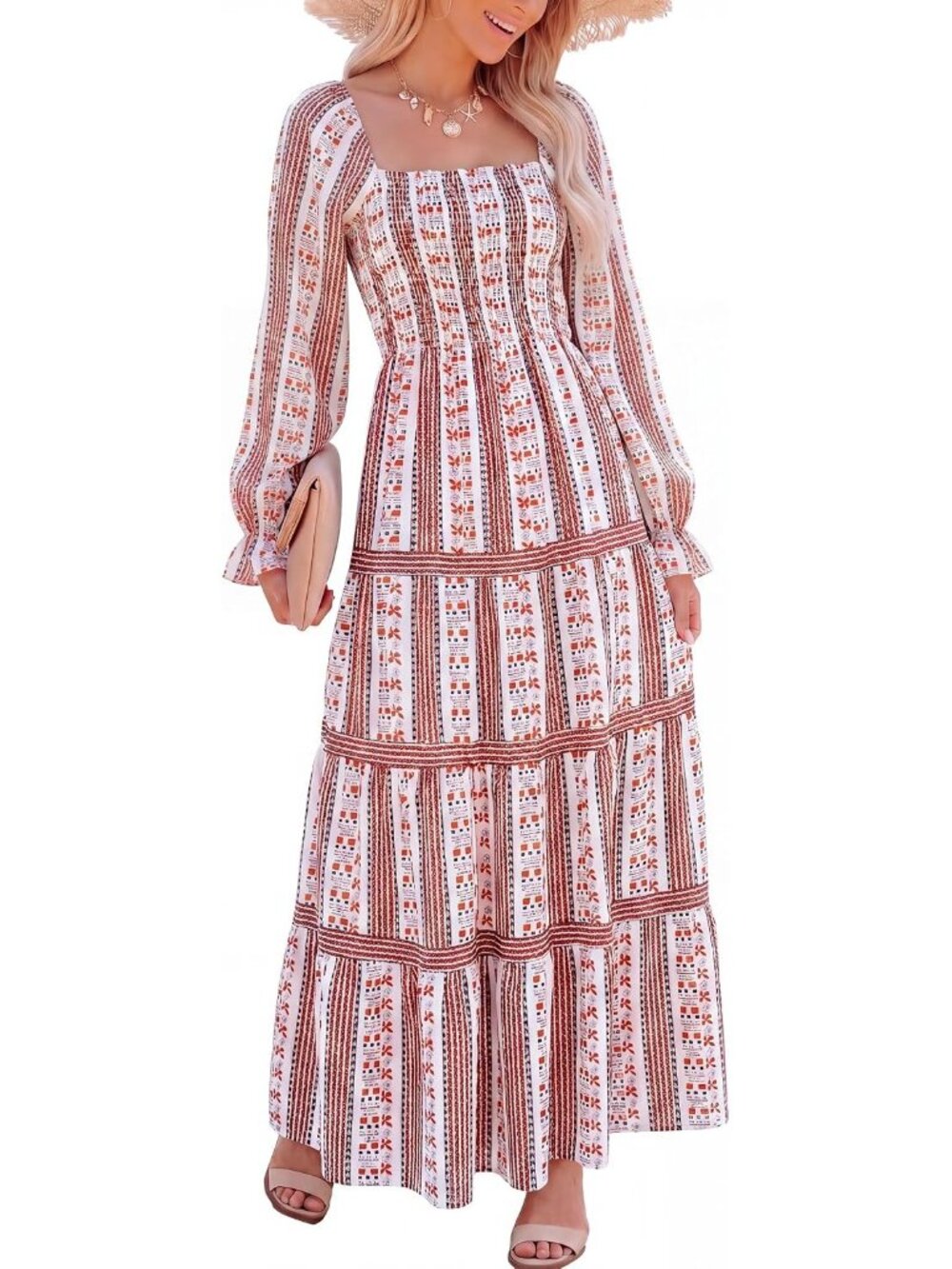 Women's Cosmos Floral Long Sleeve Square Neck Floral Fall Maxi Dress with Pocket